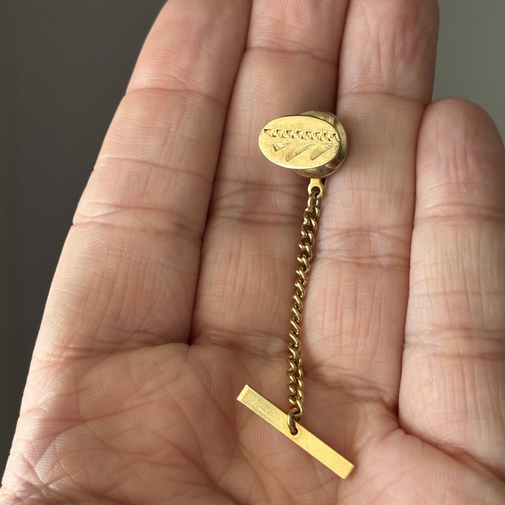 Sterling Silver Gold-Tone Oval Tie Tack Lapel Pin with Chain Bar Back